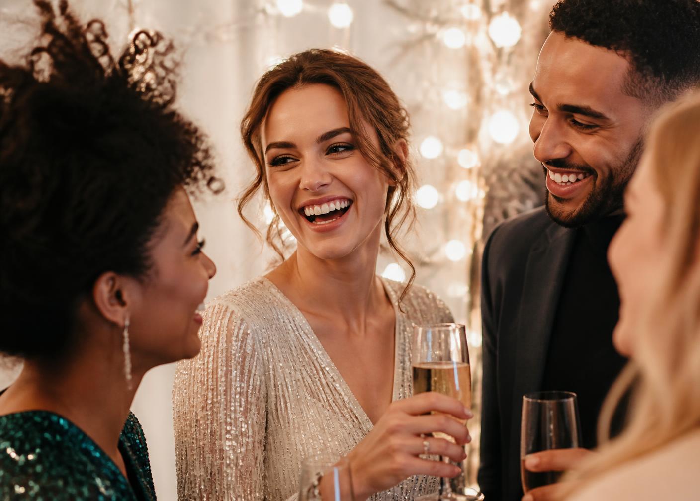 Friends laughing together at a Christmas party