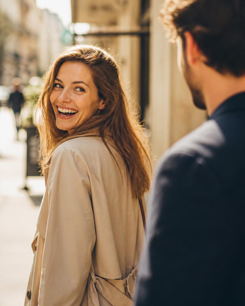 A woman in her early thirties laughing over her shoulder at a man on a sunny city street