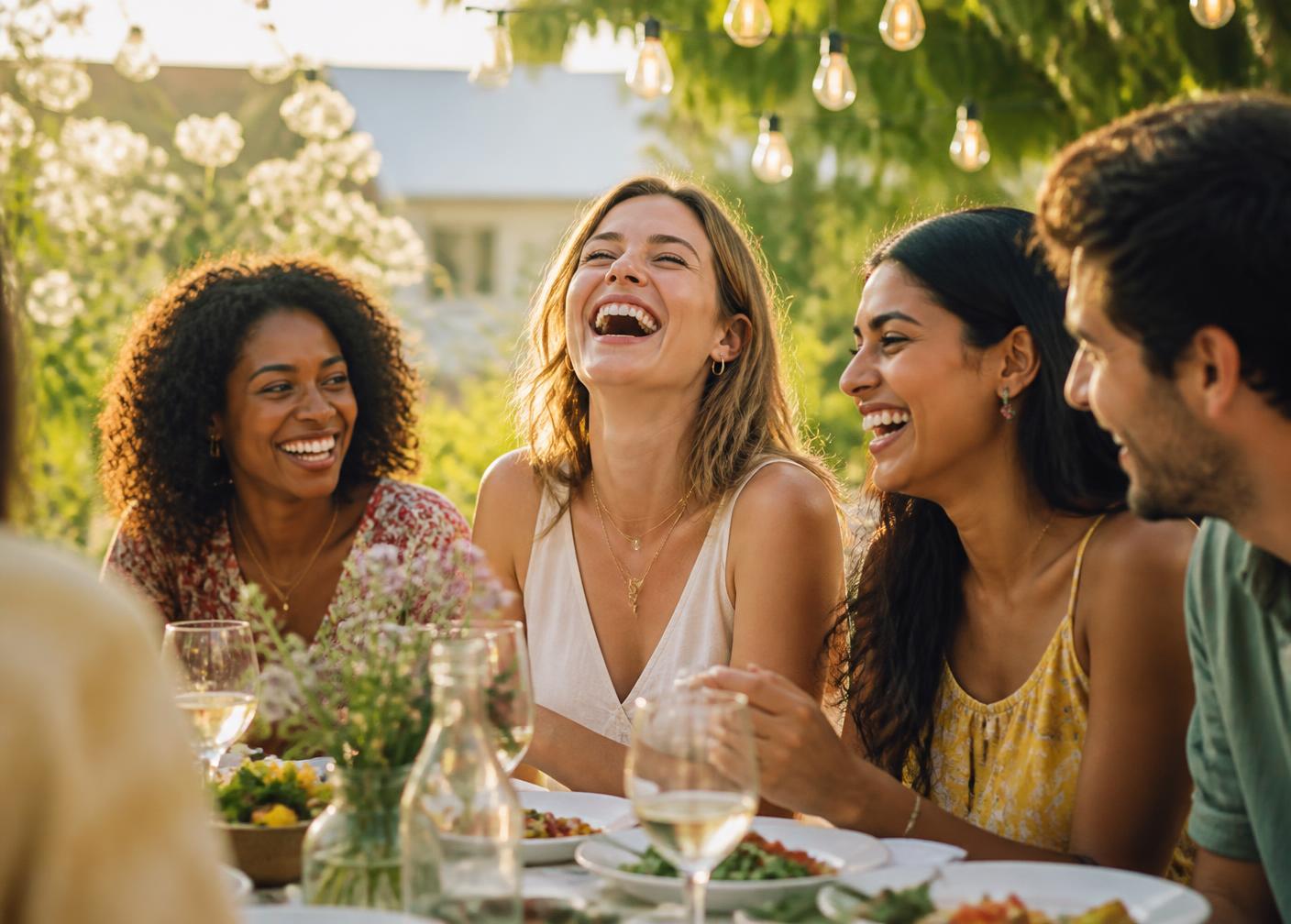 Friends laughing together over a sunlit outdoor dinner